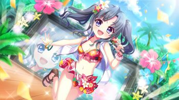 1girl :d bikini bikini_skirt black_hair blue_eyes blue_flower blue_sky blurry blurry_foreground bracelet breasts brown_sandals cleavage cloud collarbone concert confetti day dot_nose dutch_angle fern film_grain flag floral_print flower frilled_bikini frills game_cg hair_flower hair_ornament hibiscus holding holding_microphone itsumura_yukari izumi_tsubasu jewelry lens_flare looking_at_viewer medium_breasts medium_hair microphone navel non-web_source official_art open_clothes open_mouth open_vest outdoors outstretched_arm palm_tree print_bikini print_skirt re:stage! red_bikini red_flower red_skirt red_wrist_cuffs sandals screen skirt sky smile solo sparkle speaker stage stage_lights standing standing_on_one_leg starfish swimsuit tree twintails vest white_flower white_vest wrist_cuffs yellow_bracelet