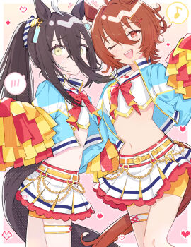 2girls agnes_tachyon_(umamusume) ahoge alternate_hairstyle animal_ears belt black_hair blue_jacket brown_hair closed_mouth commentary_request cosplay crop_top hair_between_eyes heart highres holding holding_pom_poms horse_ears horse_girl horse_tail jacket layered_skirt long_sleeves looking_at_viewer manhattan_cafe_(umamusume) midriff multicolored_hair multiple_girls musical_note navel nice_nature_(run&amp;win)_(umamusume) nice_nature_(umamusume) nice_nature_(umamusume)_(cosplay) nochatea one_eye_closed open_clothes open_jacket open_mouth pom_pom_(cheerleading) pom_poms ponytail red_eyes shirt shorts skirt smile spoken_blush spoken_musical_note streaked_hair tail thigh_strap umamusume white_shirt white_skirt yellow_eyes yellow_shorts