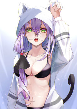 1girl absurdres animal_hood arm_up breasts commentary_request glasses green_eyes heaven_burns_red highres hood hooded_jacket hoodie izumi_yuki_(heaven_burns_red) jacket large_breasts natsuki_(muravito) navel open_mouth purple_hair swimsuit