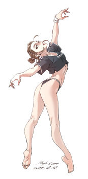 Rule 34 | 1girl, absurdres, arm up, ass, barefoot, black panties, breasts, brown eyes, brown hair, en pointe, full body, highres, looking at viewer, nabipenciller, open mouth, original, panties, simple background, small breasts, solo, toes, underwear