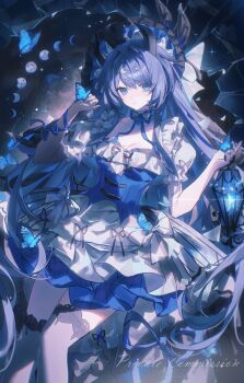 Rule 34 | 1girl, absurdres, arm ribbon, blue butterfly, blue dress, blue eyes, blue hair, blue ribbon, bow, breasts, broken glass, bug, butterfly, butterfly on hand, cleavage, closed mouth, collarbone, dress, dress bow, feet out of frame, flower, frilled dress, frills, glass, hair ornament, hands up, happy birthday, highres, holding, holding lantern, horns, insect, ke song da ren ye, lantern, layered dress, long hair, looking at viewer, official alternate costume, original, puffy short sleeves, puffy sleeves, purple hair, ribbon, rose, short sleeves, smile, solo, thighhighs, very long hair, white bow, white dress, white flower, white rose, white thighhighs