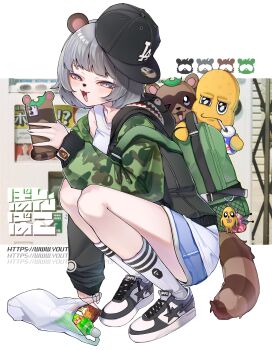 1girl :3 absurdres alternate_costume animal_ears animal_nose backpack bag baseball_cap black_hat black_jacket blush camouflage camouflage_jacket can cellphone commentary doom_yorusen drinking_straw eyebrows_hidden_by_hair fang full_body green_bag grey_eyes grey_hair happy hat highres holding holding_can holding_phone jacket leaf leaf_on_head looking_at_viewer mode_aim multicolored_jacket multicolored_shoes one_eye_closed open_mouth peanuts-kun phone plastic_bag plastic_bottle ponpoko_(vtuber) raccoon raccoon_ears raccoon_girl raccoon_tail red_bull shoes short_hair shorts simple_background skin_fang smartphone smile snack sneakers socks squatting tail tank_top two-tone_jacket two-tone_shoes untranslatable_commentary virtual_youtuber white_background white_shoes white_shorts white_socks white_tank_top youtube