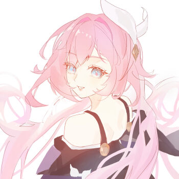 1girl blue_eyes chinese_commentary coat commentary_request cyrene_(aedes_elysiae)_(honkai:_star_rail) cyrene_(honkai:_star_rail) from_side hair_ornament highres honkai:_star_rail honkai_(series) long_hair no_ying_sakura parted_lips pink_hair purple_coat simple_background solo upper_body very_long_hair white_background