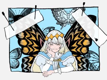 1boy blue_cape blush border bug butterfly butterfly_wings cape closed_eyes closed_mouth fate/grand_order fate_(series) frilled_sleeves frills fur-trimmed_cape fur_trim hand_on_own_face head_rest highres insect insect_wings juliet_sleeves long_sleeves male_focus medium_hair oberon_(fate) oberon_(first_ascension)_(fate) oskn_hmc puffy_sleeves smile solo tiara white_border white_hair white_sleeves wings