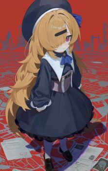 1girl absurdres ascot belt belt_buckle beret black_belt black_dress black_hat black_shoes blue_ascot brown_hair buckle closed_mouth commentary_request dress frilled_skirt frills full_body hair_intakes hair_ornament hair_over_one_eye hat highres loafers long_hair long_sleeves marukaka original pantyhose paper photo_(object) purple_eyes red_background sailor_collar shoes skirt sleeves_past_wrists socks solo standing underbust very_long_hair white_belt white_pantyhose white_sailor_collar white_socks