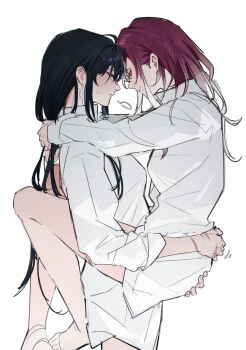 2girls 3o_c absurdres barefoot black_hair blush carrying carrying_person closed_mouth collared_shirt commentary earrings from_side gradient_hair hand_on_another&#039;s_waist highres jewelry long_hair long_sleeves multicolored_hair multiple_girls path_to_nowhere profile purple_hair rahu_(path_to_nowhere) scar scar_on_hand shalom_(path_to_nowhere) shirt simple_background sweatdrop symbol-only_commentary white_background white_hair white_shirt yuri