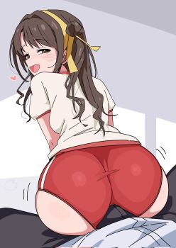 1boy 1girl ass brown_eyes brown_hair bulge buruma erection erection_under_clothes gym_uniform hair_bun half-closed_eyes heart hetero highres idolmaster idolmaster_cinderella_girls long_hair looking_back ohgi910 open_mouth red_buruma shimamura_uzuki shirt short_sleeves single_side_bun sitting sitting_on_lap sitting_on_person white_shirt