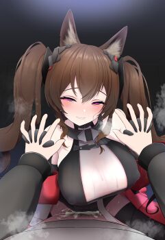 1boy 1girl absurdres alternate_breast_size_(larger) angelina_(arknights) animal_ear_fluff animal_ears arknights arknights:_endfield bare_shoulders black_thighhighs blush breasts brown_hair clothed_sex coat commentary_request covered_erect_nipples cum cum_overflow dot_nose double-parted_bangs dress drooling endministrator_(arknights) faiareinboo fox_ears fox_girl gilberta_(arknights) girl_on_top grey_dress grin headgear hetero high_collar highres holding_hands huge_breasts impossible_clothes impossible_dress indoors interlocked_fingers long_hair looking_at_viewer male_endministrator_(arknights) male_pubic_hair narrowed_eyes naughty_face open_clothes open_coat pov pov_hands pubic_hair purple_eyes red_coat saliva sex sleeveless sleeveless_dress smile solo_focus sweat thighhighs twintails