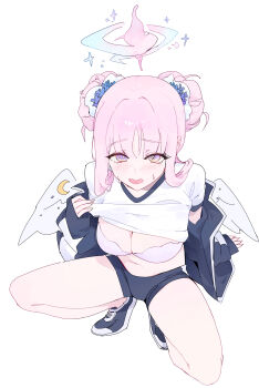 1girl absurdres blue_archive blue_buruma blue_jacket blue_shoes blush bra breasts buruma cleavage clothes_lift dokshuri double_bun flower full_body gym_shirt gym_uniform hair_bun hair_flower hair_ornament hair_ribbon halo highres jacket large_breasts long_hair looking_at_viewer low_wings mika_(blue_archive) navel off_shoulder open_clothes open_jacket open_mouth pink_bra pink_halo purple_eyes purple_flower ribbon shirt shirt_lift shoes short_sleeves sidelocks simple_background sneakers solo squatting stomach thighs underwear white_background white_ribbon white_shirt white_wings wings
