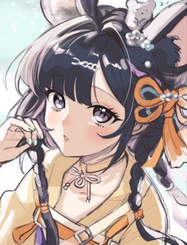 Rule 34 | 1girl, animal ears, arknights, black hair, blunt bangs, braid, chinese clothes, green nails, hair ornament, hair ribbon, hairclip, highres, kemurikemu, long hair, looking at viewer, lutonada (arknights), lutonada (whispered longing) (arknights), mouse ears, mouse girl, nail polish, official alternate costume, parted lips, pink lips, ribbon, solo, upper body, white background