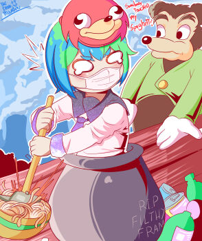 1boy 1girl absurdres artist_name black_eyes blank_eyes blouse blue_hair blue_neckerchief blue_sailor_collar blush bowl closed_mouth commentary earth-chan earth_hair english_text food getting_over_it green_hair green_shirt highres holding in_container knuckles_the_echidna long_sleeves mask meme mouth_mask multicolored_hair neckerchief nervous no_pupils nuclear_reactor parody pasta pot sailor_collar shirt somebody_touched_my_spaghetti sonic_(series) space_print spaghetti starry_sky_print surgical_mask theironmountain tools tvfilthyfrank two-tone_hair ugandan_knuckles white_mask white_shirt