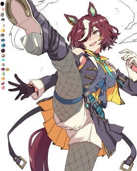 1girl :d animal_ears aqua_belt asymmetrical_gloves belt black_boots black_choker black_gloves black_jacket black_pantyhose blue_shirt boots choker collared_shirt color_guide colored_inner_animal_ears commentary detached_sleeves ear_ornament eyepatch fishnet_pantyhose fishnets gloves half-skirt high_kick horse_ears horse_girl horse_tail jacket kicking leg_up long_sleeves mismatched_gloves multicolored_hair open_mouth pantyhose purple_hair shirt short_hair shorts simple_background smile solo standing standing_on_one_leg streaked_hair tail tanino_gimlet_(embodiment_of_keravnos)_(umamusume) tanino_gimlet_(umamusume) thigh_strap toriga_naku two-tone_shirt umamusume white_background white_gloves white_hair white_shorts yellow_eyes yellow_shirt