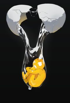 1other ambiguous_gender broken_egg colored_skin commentary completely_nude cracking_egg curled_up egg_yolk empty_eyes encasement full_body highres hugging_own_legs looking_at_viewer mini_person nude original other_focus painterly pinkclione realistic solo symbol-only_commentary yellow_skin
