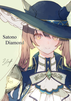 1girl absurdres animal_ears blue_hat blue_jacket breasts brown_eyes brown_hair cavalier_hat closed_mouth commentary_request ears_through_headwear gem gloves green_gem hair_between_eyes hat highres horse_ears horse_girl jacket long_hair long_sleeves looking_at_viewer official_alternate_hairstyle shikahisa_totani shirt smile solo umamusume upper_body white_gloves white_shirt wide_brim