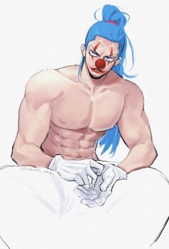 1boy abs absurdres blue_hair buggy_the_clown commentary facial_hair gloves goatee_stubble highres looking_to_the_side lower_eyelashes_only makeup male_focus one_piece parted_lips ponytail simple_background sitting solo stubble symbol-only_commentary topless_male twitter_username vamos_mk white_background white_gloves
