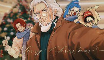 absurdres blue_eyes blue_hair bright_pupils brown_jacket buggy_the_clown christmas_tree clown_nose disembodied_hand facial_hair glasses goatee gol_d._roger grey_eyes grin heart highres jacket lipstick long_hair makeup merry_christmas mustache one_piece ponytail purple_scrunchie red_hair red_lips red_nose round_eyewear scar scar_across_eye scar_on_face scrunchie shanks_(one_piece) silvers_rayleigh smile stubble thumbs_up vamos_mk white_hair white_pupils