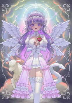 1girl absurdres angel angel_wings baby_animal beads blunt_bangs bow bowtie breasts christianity cleavage cleavage_cutout clothing_cutout cloud colored_inner_hair commentary commission cross cross-laced_clothes cross-laced_dress cross_earrings cross_in_eye dot_nose dress dress_bow earrings fang feet_out_of_frame frilled_dress frilled_thighhighs frills furrowed_brow hair_beads hair_ornament halo heart heart_earrings highres indie_virtual_youtuber jewelry lamb large_breasts layered_dress light_blush long_dress long_hair long_sleeves looking_at_viewer loose_hair_strand maid_headdress multicolored_hair nelta_rene open_mouth own_hands_together pink_dress pink_hair praying puffy_short_sleeves puffy_sleeves purple_eyes purple_hair rainbow_gradient religion see-through_clothes see-through_dress sheep shien_kuyuru short_dress short_sleeves skeb_commission snake solo sparkle standing symbolism teeth thigh_gap thighhighs thorns twitter_username upper_teeth_only very_long_hair virtual_youtuber watermark white_bow white_bowtie white_dress white_halo white_headwear white_snake white_thighhighs white_wings wings zettai_ryouiki