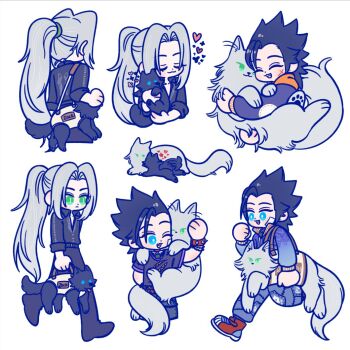 105zz alternate_costume animal animal_hug animalization baby_animal black_dog black_hair black_pants black_shirt blue_eyes cat crisis_core:_final_fantasy_vii dog facial_scar final_fantasy final_fantasy_vii green_eyes grey_cat grey_hair heart high_ponytail hug long_hair multiple_views pants parted_bangs ponytail puppy running scar scar_on_cheek scar_on_face sephiroth shirt slit_pupils smile upper_body very_long_hair walking white_background zack_fair