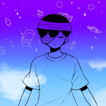 1boy :| antenna_hair arms_at_sides arms_up b_hong bandage_over_one_eye bandaged_head bandages black_hair blue_sky closed_eyes closed_mouth cloud commentary day double-parted_bangs expressionless facing_viewer gradient_sky highres male_focus omori one_eye_covered outdoors purple_sky romaji_commentary scene_reference shirt short_hair short_sleeves simple_background sky solo sparkle spoilers star_(sky) star_(symbol) straight-on sunny_(hospital_gown)_(omori) sunny_(omori) u_u upper_body very_short_hair