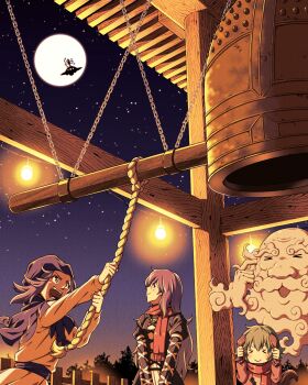 >_< 1boy 4girls animal_ears beads bell bell_ringing black_dress buddhist_nun chain closed_eyes closed_mouth commentary_request covering_own_ears cross-laced_clothes cross-laced_dress dog_ears dog_girl dog_tail dress full_moon highres hijiri_byakuren hood hood_up houjuu_nue inuno_rakugaki joya_no_kane juliet_sleeves kasodani_kyouko kumoi_ichirin log long_hair long_sleeves moon multiple_girls night open_mouth prayer_beads puffy_sleeves purple_eyes purple_hair red_scarf scarf sky smile star_(sky) tail touhou ufo unzan very_long_hair