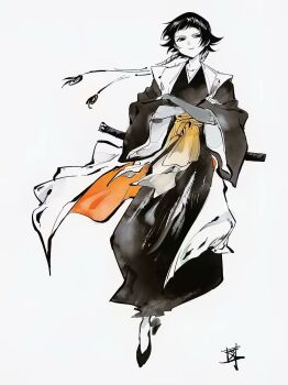 1girl black_eyes black_gloves black_hair black_kimono black_robe black_shoes bleach braid cape crossed_arms ebi_draw elbow_gloves fingerless_gloves flats floating_cape floating_hair frown gloves highres japanese_clothes kimono long_hair looking_at_viewer mature_female messy_hair ribbon robe sheath sheathed shihakusho shoes sidelocks signature socks solo striped_clothes striped_kimono striped_robe sui-feng sword twin_braids waistband weapon white_background white_cape white_socks yellow_ribbon