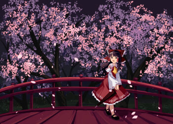 1girl :d against_railing ascot black_shoes bow bridge brown_eyes brown_hair collared_shirt contrast_collar detached_sleeves falling_leaves fireflies frilled_skirt frills furahata_gen grass hair_bow hair_tubes hakurei_reimu highres holding holding_umbrella leaf long_hair looking_at_viewer night no_socks open_mouth ponytail railing red_bow red_shirt red_skirt red_umbrella ribbon_trim shirt shoes skirt smile solo touhou tree umbrella white_sleeves yellow_ascot