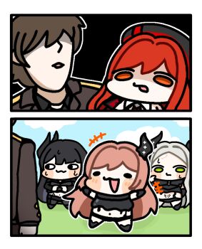 1boy 4girls bare_shoulders behemoth_(nikke) black_bodysuit black_hair black_horns black_liquid blush bodysuit boobplate breastplate breasts brown_hair commander_(nikke) commentary_request faceless faceless_male forehead goddess_of_victory:_nikke green_eyes grey_hair hair_over_eyes highres horns jacket korean_commentary leviathan_(nikke) liquid_clothes long_hair malangtogle22 military_jacket military_uniform multiple_girls navel official_alternate_costume official_alternate_hair_color only_one_(nikke) open_mouth piercing pointy_ears pubic_tattoo rapi_(nikke) rapi_(red_hood)_(nikke) red_eyes red_hair simple_background small_breasts smile tattoo very_long_hair