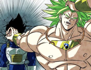 Rule 34 | 2boys, against wall, armor, black hair, blue bodysuit, bodysuit, broly (dragon ball z), dragon ball, dragonball z, earrings, grabbing another's face, green hair, head grab, hitting, jewelry, legendary super saiyan, meme, multiple boys, muscular, muscular male, naoya hitting choso without looking (meme), one eye closed, reeya, saiyan armor, spiked hair, super saiyan, topless male, upper body, vegeta, white armor