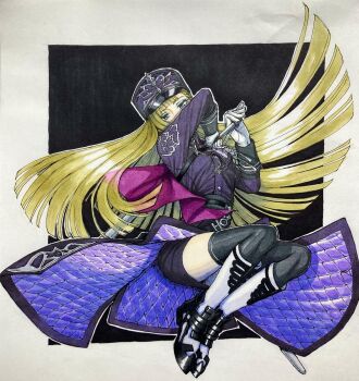 1girl black_hat black_thighhighs blonde_hair blue_eyes blue_eyeshadow boots boutonniere clarice_(rune_factory) eyeshadow hat highres holding holding_sword holding_weapon long_hair looking_at_viewer makeup military_uniform mitsumame22211 peaked_cap rune_factory rune_factory:_guardians_of_azuma side_cape sword thighhighs thighs very_long_hair weapon white_boots zettai_ryouiki