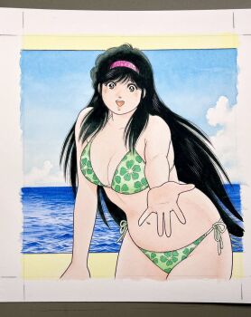 Rule 34 | 1girl, asaoka natsumi, bare arms, bikini, black hair, blue sky, breasts, brown eyes, cleavage, cloud, commentary request, cowboy shot, floral print, floral print bikini, green bikini, hairband, highres, horizon, large breasts, leaning forward, long hair, miura mitsuru, navel, ocean, offering hand, official artist extra, open hand, open mouth, pink hairband, plump, print bikini, side-tie bikini bottom, sky, smile, solo, standing, swimsuit, teeth, the kabocha wine, traditional media, upper teeth only, very long hair
