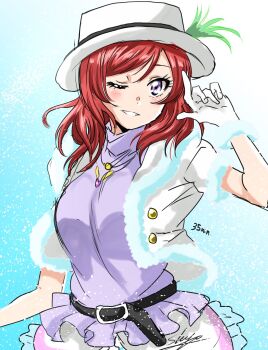 1girl ;d blue_background commentary frilled_sweater fur-trimmed_gloves fur-trimmed_jacket fur_trim gloves gradient_background grin hat highres jacket looking_at_viewer love_live! love_live!_school_idol_project medium_hair nishikino_maki one_eye_closed open_mouth purple_eyes purple_sweater red_hair shogo_(cureshogo) short-sleeved_jacket short_sleeves signature smile snow_halation solo sweater white_gloves white_hat white_jacket