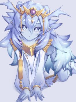 Rule 34 | 1girl, absurdres, all fours, barefoot, blue eyes, blue hair, blue skin, colored skin, crawling, dominus impulse, duel monster, full body, highres, jewelry, looking at viewer, midriff, navel, pelvic curtain, seori, simple background, solo, tiara, yu-gi-oh!