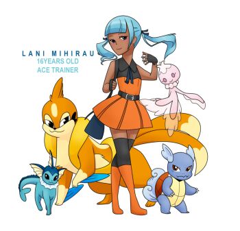 10s 1girl :3 ace_trainer_(pokemon) bad_anatomy belt blue_hair blunt_bangs boots brown_eyes character_name commentary dark_skin eeveelution_project fingerless_gloves floatzel frillish gen_1_pokemon gen_4_pokemon gen_5_pokemon gloves knee_boots lani_mihirau looking_at_viewer loony_bear multiple_tails nintendo npc_trainer original poke_ball pokemon pokemon_(creature) pokemon_bw poorly_drawn simple_background smile standing tail thighhighs twintails vaporeon wartortle white_background zettai_ryouiki