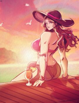 1girl ass bikini bracelet breasts brown_hair butt_crack dorothea_arnault earrings fire_emblem fire_emblem:_three_houses fire_emblem_heroes green_eyes hat jewelry large_breasts long_hair nico_artooo nintendo sarong solo swimsuit