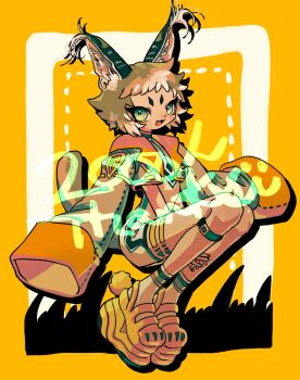 1boy :3 animal_ears brown_hair cat_boy cat_ears cat_tail colored_tips commentary commentary_request english_commentary fang full_body green_eyes green_hair grey_jacket hands_up highres jacket long_sleeves looking_at_viewer lynx male_focus milestone_celebration multicolored_hair open_mouth original platform_footwear shima_(wansyon144) shoes short_eyebrows short_hair sleeves_past_fingers sleeves_past_wrists solo tail trap yellow_background yellow_shoes