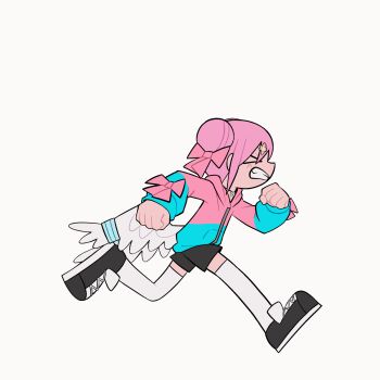 &gt;_&lt; 1girl animated animated_gif bandaid_on_hair black_shoes black_shorts blue_jacket bow chinese_commentary clenched_hands clenched_teeth closed_eyes crossed_bandaids double_bun feathered_wings from_side full_body hair_bow hair_bun highres hood hooded_jacket jacket jellyfishmobu long_sleeves looping_animation low_wings multicolored_jacket original pink_bow pink_hair pink_jacket profile running shoes shorts simple_background solo teeth thighhighs two-tone_jacket white_background white_thighhighs wings