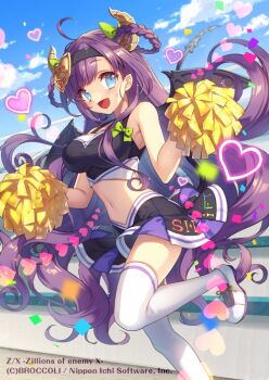 Rule 34 | 1girl, ahoge, black skirt, blue eyes, blue sky, braid, braided hair rings, breasts, brown horns, cheerleader, copyright notice, demon girl, demon horns, demon tail, demon wings, hair ornament, hair rings, heart, holding, holding pom poms, horns, large breasts, masaru.jp, midriff, navel, official art, outdoors, pom pom (cheerleading), pom poms, purple hair, shoes, skirt, sky, solo, standing, standing on one leg, sweatdrop, tail, thighhighs, ugly (z/x), white shoes, white thighhighs, wings, z/x