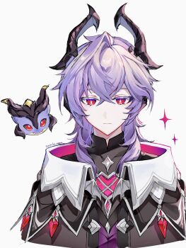 1boy artist_name black_jacket black_shirt closed_mouth commentary_request crossed_bangs crystal dragon dragon_boy dragon_horns genshin_impact hair_between_eyes half-closed_eyes highres horns jacket looking_at_viewer male_focus mandarin_collar mini_durin_(dragon)_(genshin_impact) mini_durin_(genshin_impact) mini_durin_(human)_(genshin_impact) nirako_mona open_clothes open_jacket pink_jacket purple_hair red_eyes shirt short_hair sidelocks simple_background solo sparkle star-shaped_pupils star_(symbol) symbol-shaped_pupils two-sided_fabric two-sided_jacket upper_body white_background