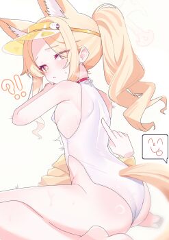 !? 1boy 1girl absurdres animal_ear_fluff animal_ears ass bare_arms bare_legs bare_shoulders barefoot blonde_hair blue_archive blush breasts bright_pupils clothing_cutout covered_erect_nipples covered_navel cross_halo diamond_cutout disembodied_hand doodle_sensei_(blue_archive) extra_ears eyes_visible_through_hair feet fox_ears fox_girl fox_tail from_behind gradient_eyes hair_over_one_eye halo highleg highleg_one-piece_swimsuit highres jacket loli long_hair looking_at_viewer looking_back multicolored_eyes official_alternate_costume official_alternate_hairstyle one-piece_swimsuit open_mouth orange_eyes poko050498 seia_(blue_archive) seia_(swimsuit)_(blue_archive) sensei_(blue_archive) side_ponytail sideboob simple_background sitting small_breasts soles solo_focus swimsuit tail thighs toes trembling unworn_jacket very_long_hair visor_cap wariza white_background white_one-piece_swimsuit white_pupils yellow_halo yellow_jacket yellow_visor