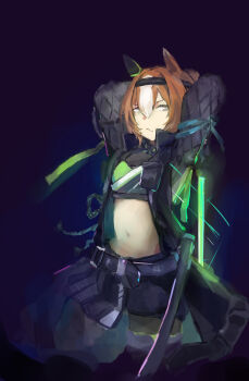 Rule 34 | 1girl, :/, absurdres, animal ears, arms up, bad link, belt, black belt, black coat, black headband, black shorts, brown hair, closed mouth, coat, collared coat, cowboy shot, crop top, ear covers, furrowed brow, glowing, glowing weapon, hair between eyes, headband, high collar, highres, holding, holding sword, holding weapon, horse ears, long sleeves, looking at viewer, midriff, multicolored hair, navel, official alternate costume, open clothes, open coat, parted bangs, pouch, scabbard, sheath, short shorts, shorts, single ear cover, solo, stomach, sword, two-tone hair, umamusume, weapon, white hair, wista, yaeno muteki (black general zen) (umamusume), yaeno muteki (umamusume)
