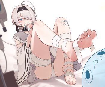 1girl ahoge alternate_costume ass bandaged_foot bandaged_leg bandages bebetang black_collar black_hairband black_ribbon black_survival blue_eyes blush closed_mouth collar commentary detached_sleeves english_commentary eternal_return:_black_survival feet foot_focus grey_hair hair_intakes hair_ribbon hairband highres huge_ahoge intravenous_drip medium_hair narrowed_eyes panties ribbon sissela_kyle sitting soles solo swept_bangs thighs toes underwear white_panties wide_sleeves