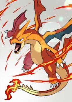 blue_eyes charizard claws dragon fangs fire flame-tipped_tail gen_1_pokemon highres mega_charizard_y mega_pokemon nintendo no_humans open_mouth pokemon pokemon_(creature) pokemon_focus solo tail tesshii_(riza4828) tongue wings
