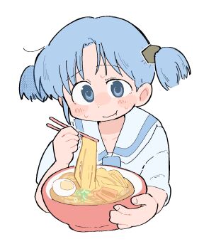 Rule 34 | 1girl, blue eyes, blue hair, bowl, chewing, chopsticks, cube hair ornament, egg (food), food, hair ornament, hardboiled egg, highres, holding, holding bowl, holding chopsticks, looking at viewer, naganohara mio, nichijou, noodles, ramen, school uniform, short twintails, solo, stray hair, sweat, tokisadame school uniform, twintails, white background, wichimi