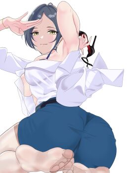 armpits ass barefoot black_hair black_shoes breasts brown_eyes colored_shoe_interior commentary_request hayami_kanade high_heels highres holding holding_shoes holding_unworn_clothes idolmaster idolmaster_cinderella_girls idolmaster_cinderella_girls_starlight_stage open_clothes open_shirt reyt8223 shirt shoes short_hair single_shoe soles stiletto_heels unworn_shoes white_shirt