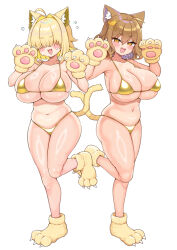 Rule 34 | 2girls, ahoge, animal ears, anis (nikke), arato asato, bikini, blonde hair, blush, breasts, brown eyes, brown hair, cat ears, cat tail, character request, cleavage, collarbone, elegg (nikke), goddess of victory: nikke, gold bikini, hair intakes, hair over eyes, highres, kemonomimi mode, large breasts, looking at viewer, micro bikini, multiple girls, navel, shiny skin, short hair, simple background, smile, swimsuit, tail, teeth, undersized clothes, upper teeth only, white background