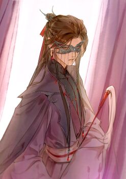 1boy brown_eyes brown_hair chinese_clothes commentary curtains earrings english_commentary eye_mask frown gem hair_bun hair_ornament half_updo hanfu holding holding_whisk indoors jewelry kkcoocool long_hair long_sleeves looking_at_viewer male_focus mask mouth_veil parted_bangs parted_lips purple_robe purple_theme red_gemstone red_ribbon ribbon ribboned_xiao_guan robe single_hair_bun solo tianguan_cifu upper_body veil whisk xiao_guan_(headdress) xie_lian