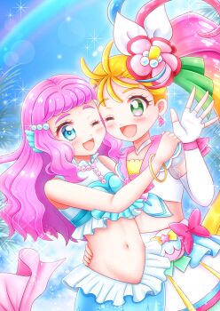 2girls blonde_hair blue_eyes blush crop_top cure_summer earrings fingerless_gloves flower gloves green_eyes hair_flower hair_ornament hand_on_another&#039;s_shoulder hand_on_another&#039;s_waist highres ichinose_minori jewelry laura_la_mer long_hair looking_at_another mermaid monster_girl multicolored_hair multiple_girls navel niwatori_(syamo_chamo) one_eye_closed open_mouth pink_hair pink_ribbon precure ribbon shirt skirt sleeveless sleeveless_shirt smile stomach string_of_pearls tropical-rouge!_precure very_long_hair white_gloves white_skirt wrist_ribbon