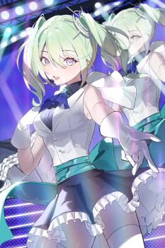 1girl absurdres anime_screenshot aqua_bow ascot black_shirt black_skirt blue_ascot bow breasts cape commentary concert cowboy_shot dokori765 glint gloves green_hair hand_up headset highres jacket large_breasts looking_at_viewer medium_hair multicolored_eyes open_mouth outstretched_hand petticoat shirt skirt sleeveless sleeveless_jacket solo stage_lights standing stellive symbol-only_commentary thighhighs triangle_mouth two-tone_eyes virtual_youtuber white_cape white_gloves white_jacket white_thighhighs yuzuha_riko
