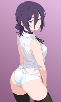 1girl ass black_choker black_thighhighs blue_panties breasts chainsaw_man choker commentary cowboy_shot green_eyes hair_bun highres looking_at_viewer medium_breasts panties purple_background purple_hair reze_(chainsaw_man) senor_h shirt sleeveless sleeveless_shirt solo thighhighs underwear white_shirt