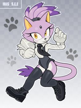 1girl animal_ears black_necktie black_shoes black_thighhighs blaze_the_cat cat_ears cat_girl cat_tail forehead_jewel furry furry_female gloves highres iris_s_e_e looking_at_viewer necktie paper_stack paw_print ponytail purple_fur shirt shoes sneakers sonic_(series) tail thighhighs white_gloves white_shirt
